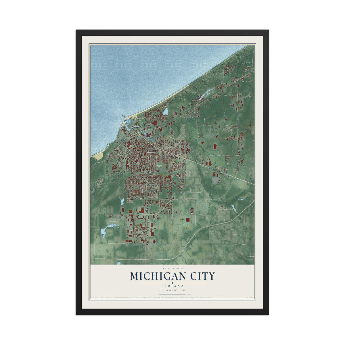 Map of Michigan City, Indiana, 12 x 18 inch print in a black wood frame