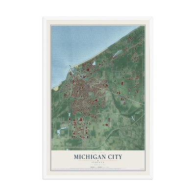 Map of Michigan City, Indiana, 12 x 18 inch print in a white wood frame