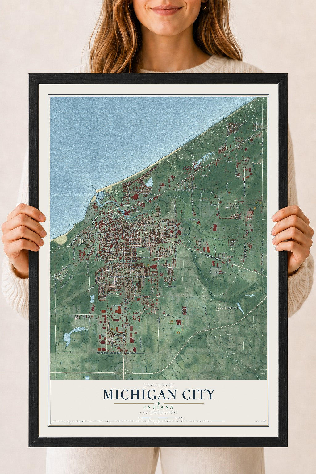 Map of Michigan City, Indiana, 18 x 24 inch print in a black wood frame