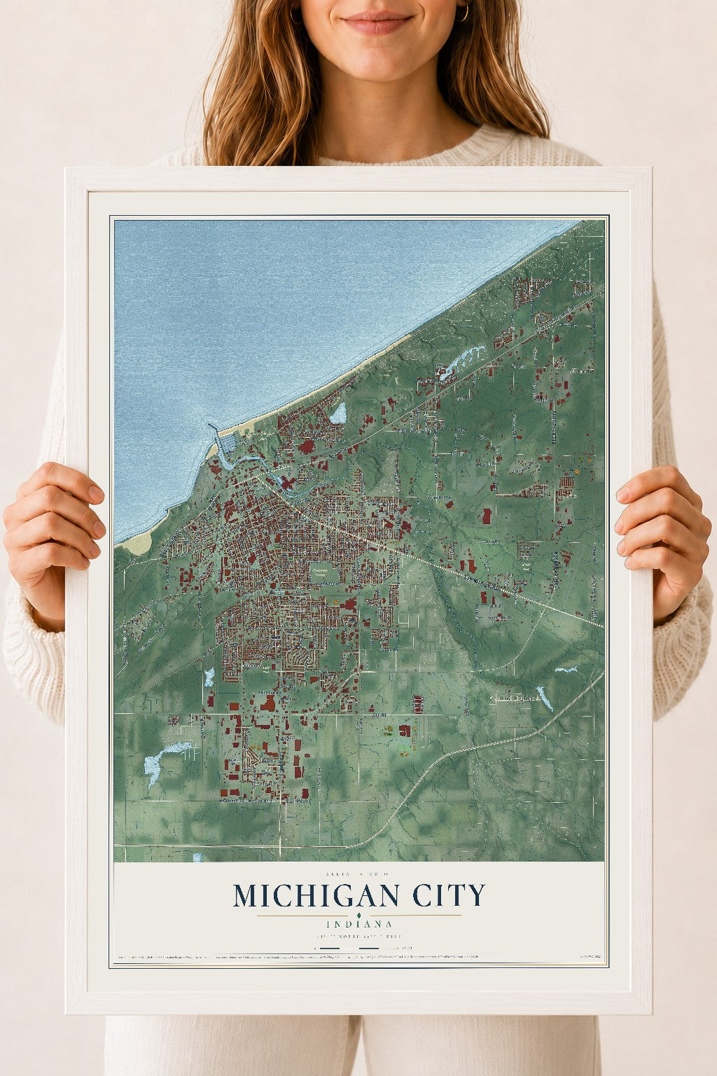Map of Michigan City, Indiana, 18 x 24 inch print in a white wood frame
