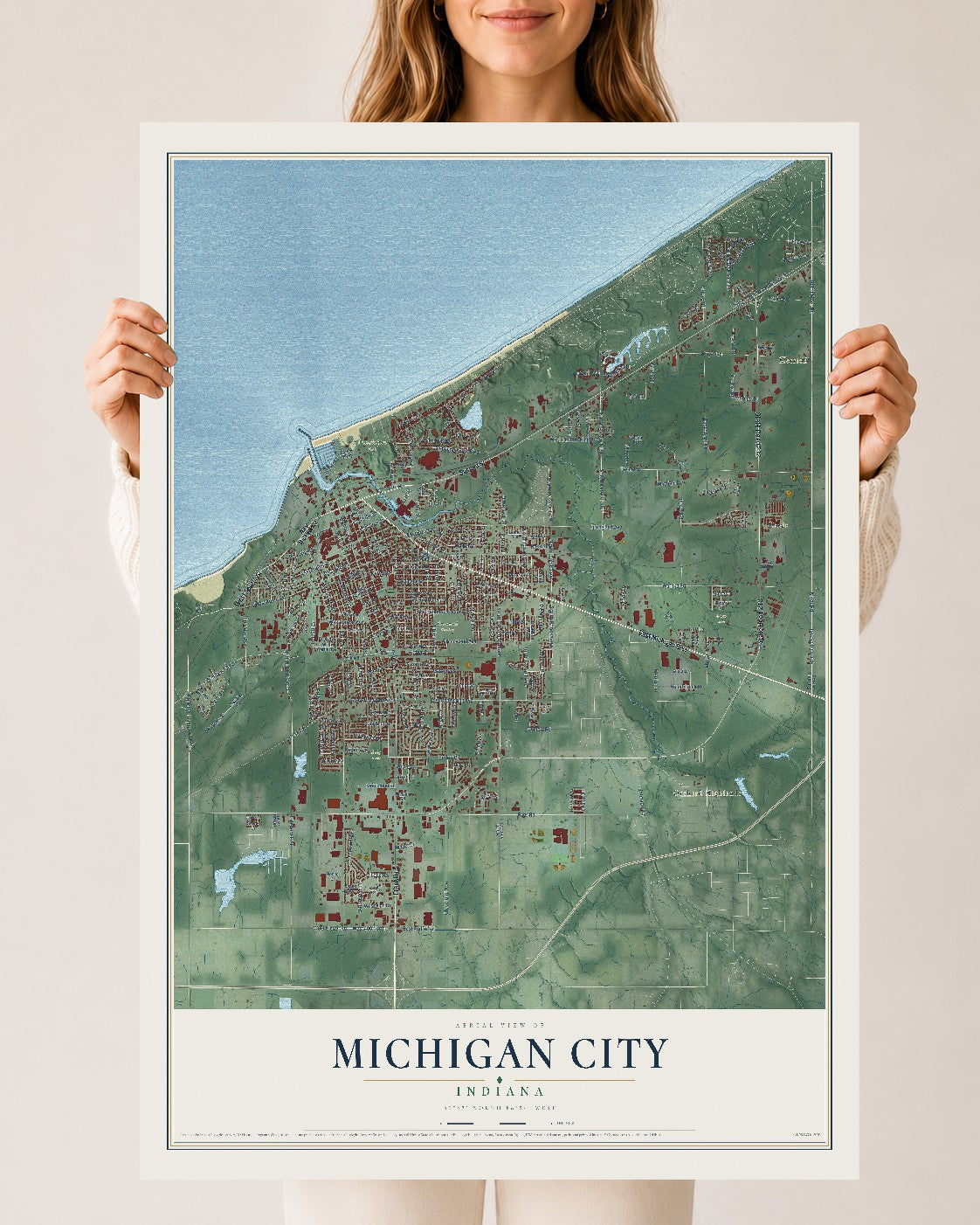 Map of Michigan City, Indiana, 24 x 36 inch unframed archival matte print