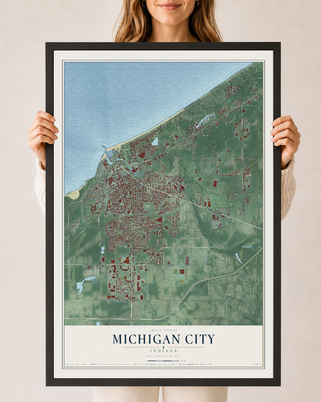 Map of Michigan City, Indiana, 24 x 36 inch print in a black wood frame
