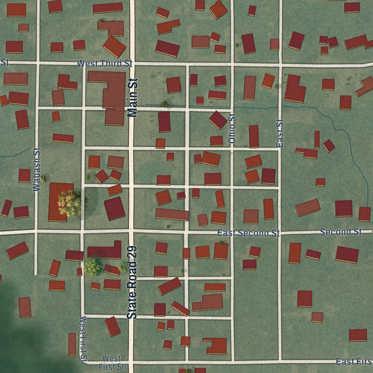 Close-up of the map of Michigantown, Indiana print showing street and building detail
