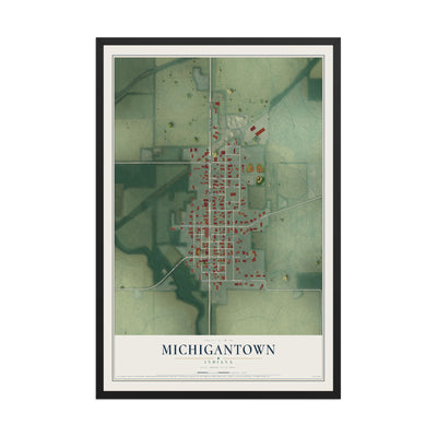 Map of Michigantown, Indiana, 12 x 18 inch print in a black wood frame