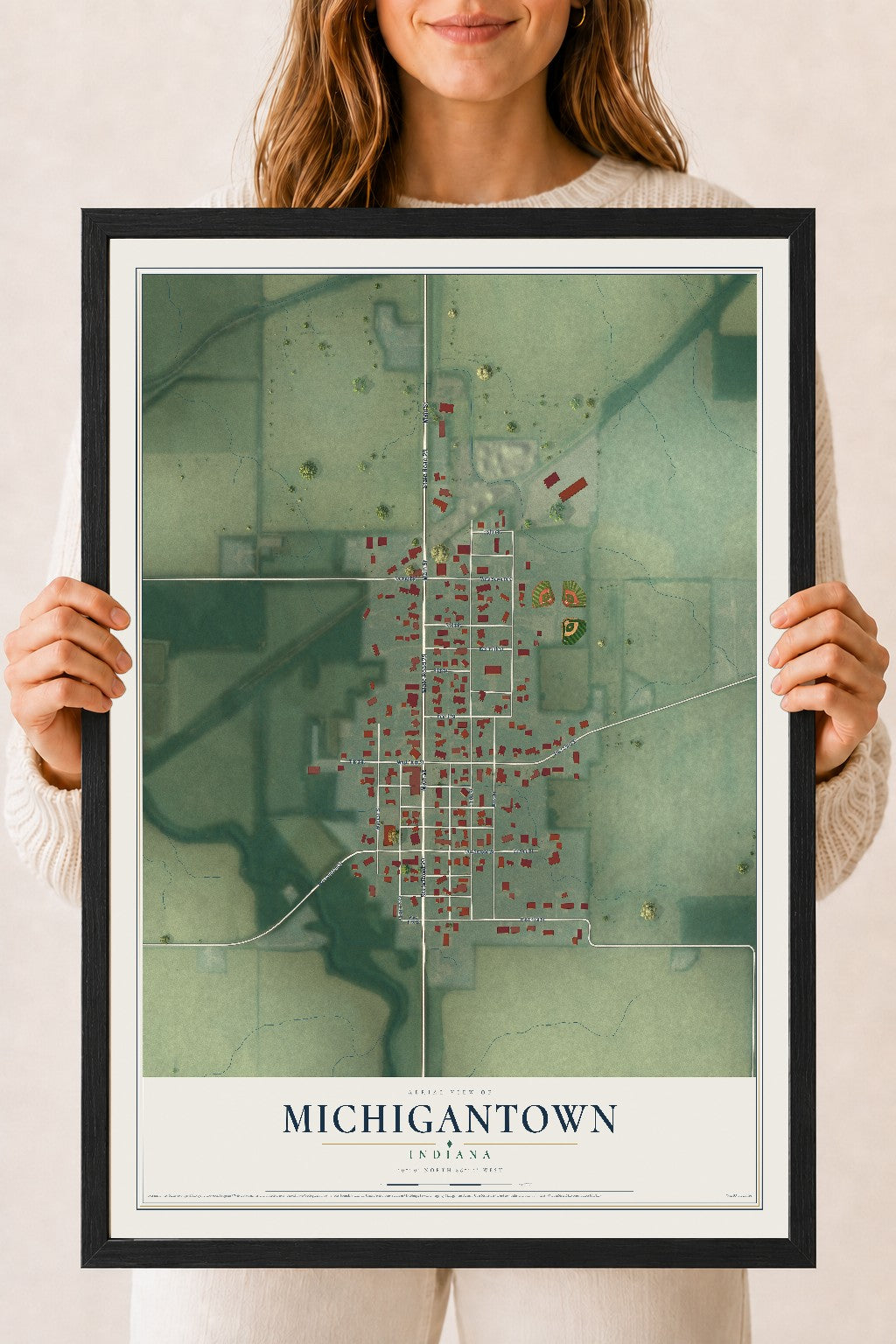 Map of Michigantown, Indiana, 18 x 24 inch print in a black wood frame