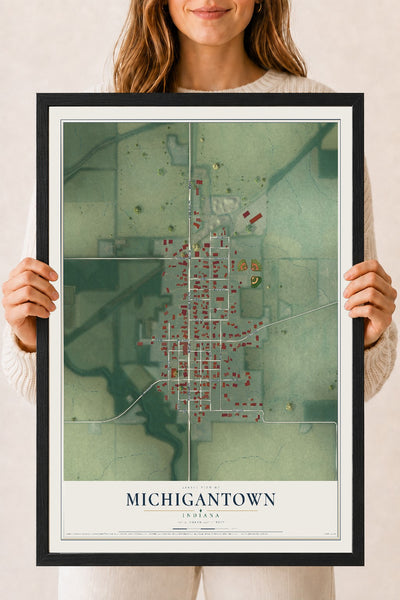Map of Michigantown, Indiana, 18 x 24 inch print in a black wood frame