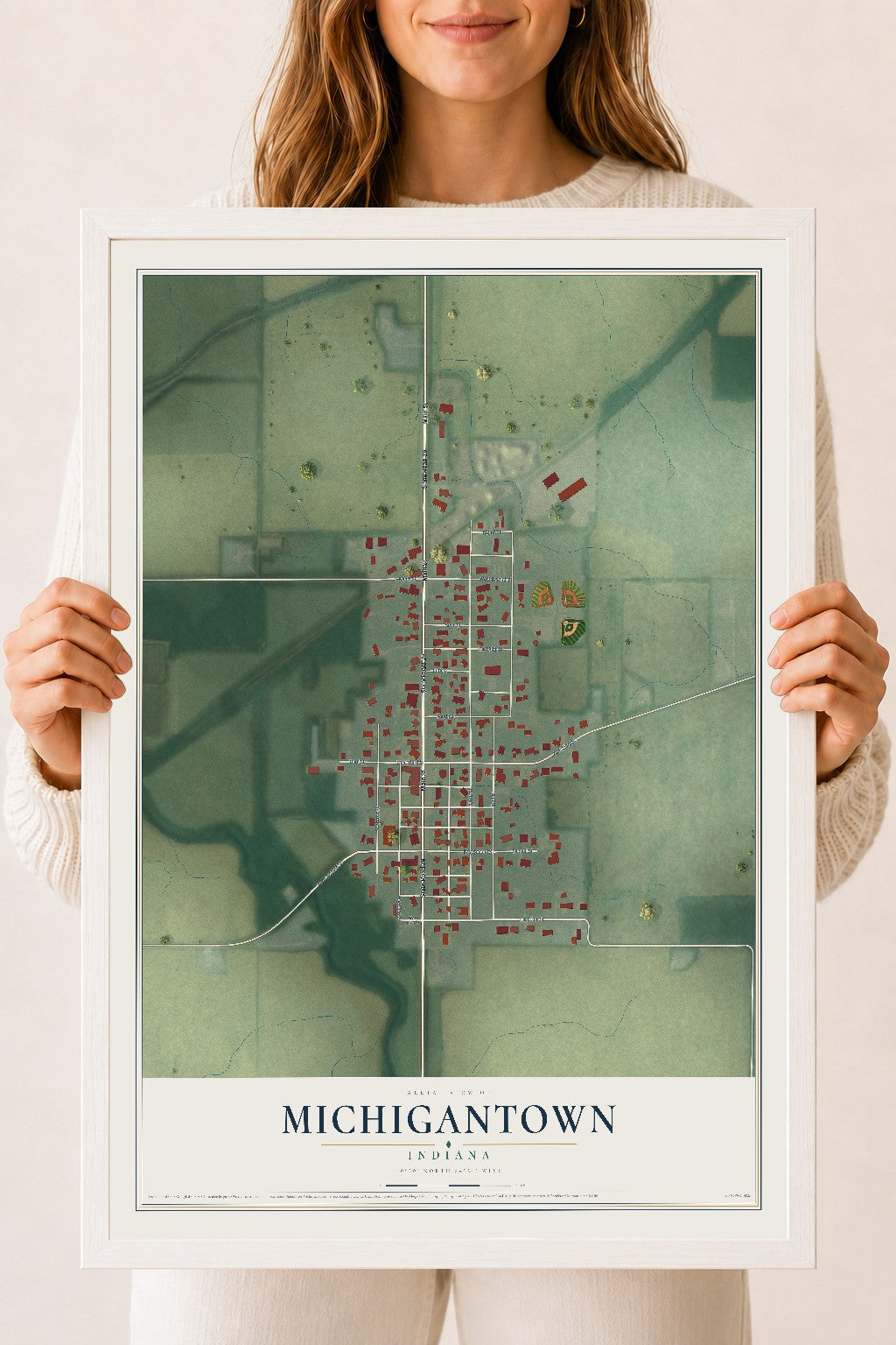 Map of Michigantown, Indiana, 18 x 24 inch print in a white wood frame