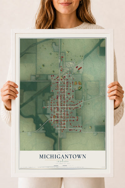 Map of Michigantown, Indiana, 18 x 24 inch print in a white wood frame