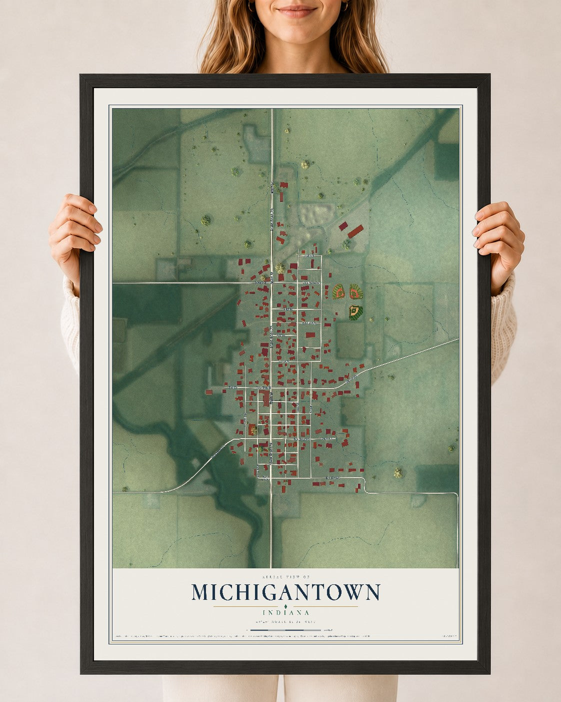 Map of Michigantown, Indiana, 24 x 36 inch print in a black wood frame