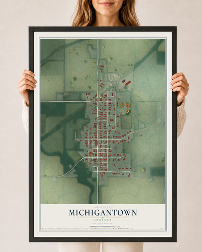 Map of Michigantown, Indiana, 24 x 36 inch print in a black wood frame