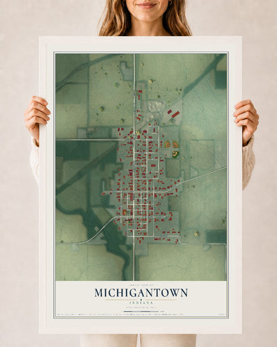Map of Michigantown, Indiana, 24 x 36 inch print in a white wood frame