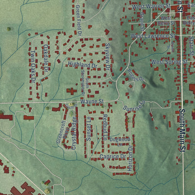 Close-up of the map of Middlebury, Indiana print showing street and building detail