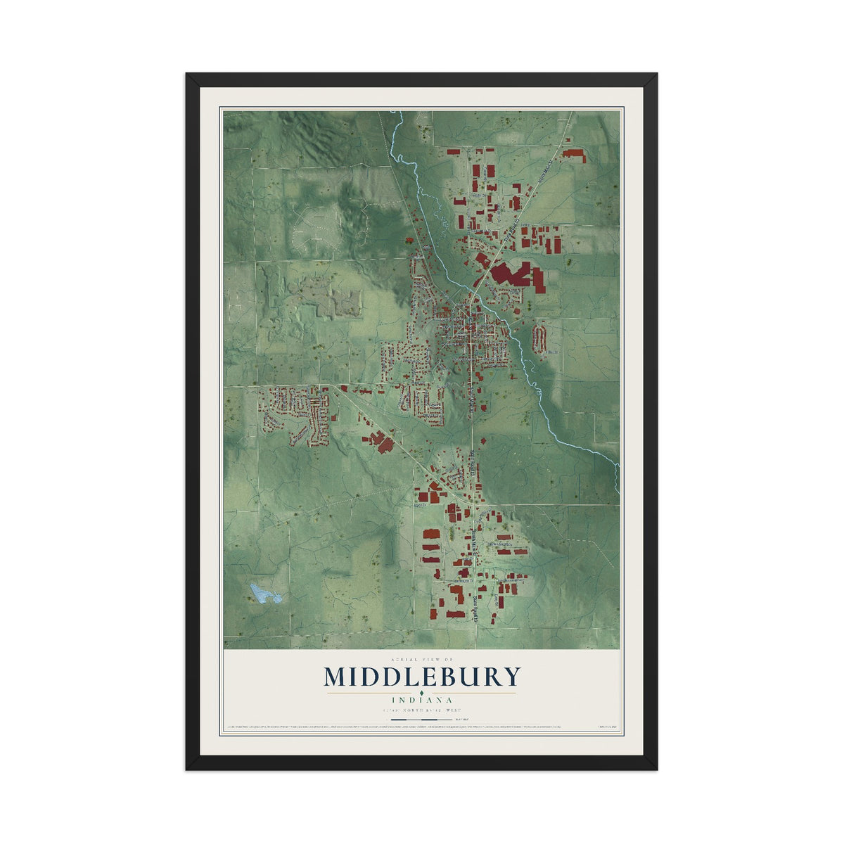 Map of Middlebury, Indiana, 12 x 18 inch print in a black wood frame