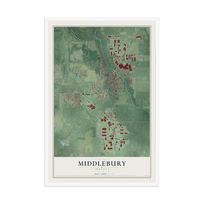 Map of Middlebury, Indiana, 12 x 18 inch print in a white wood frame