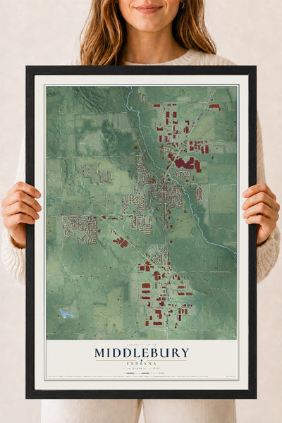 Map of Middlebury, Indiana, 18 x 24 inch print in a black wood frame