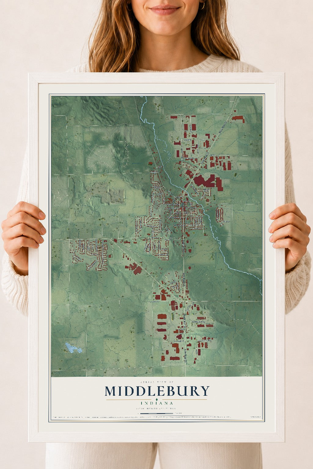 Map of Middlebury, Indiana, 18 x 24 inch print in a white wood frame