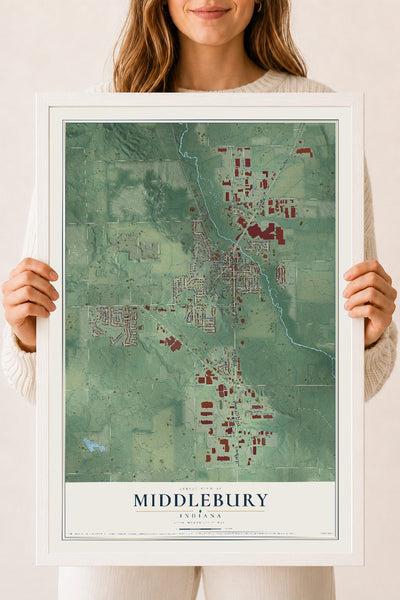 Map of Middlebury, Indiana, 18 x 24 inch print in a white wood frame