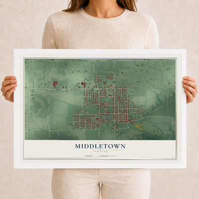 Map of Middletown, Indiana, 12 x 18 inch print in a white wood frame