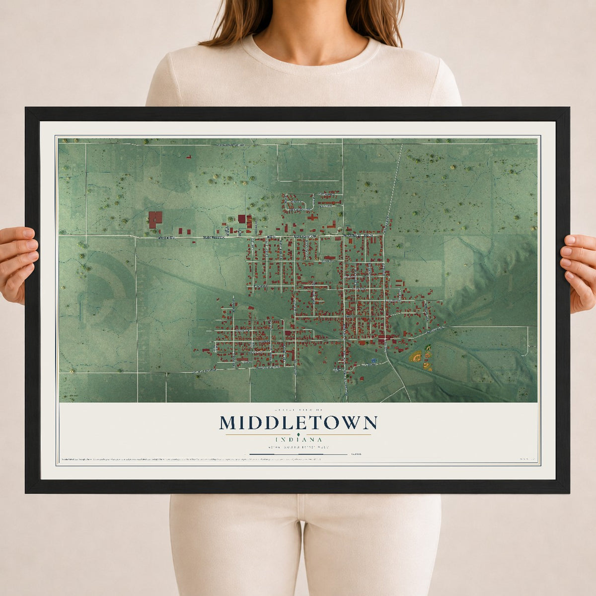 Map of Middletown, Indiana, 18 x 24 inch print in a black wood frame