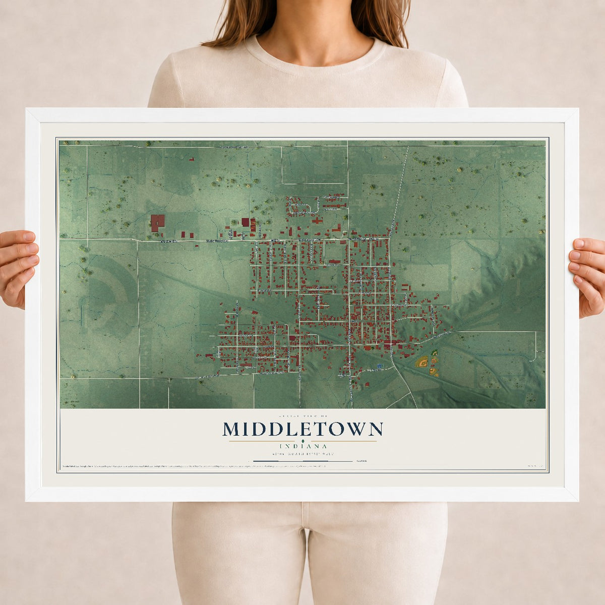 Map of Middletown, Indiana, 18 x 24 inch print in a white wood frame