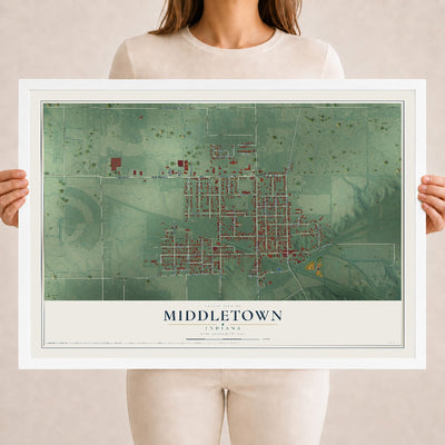 Map of Middletown, Indiana, 18 x 24 inch print in a white wood frame