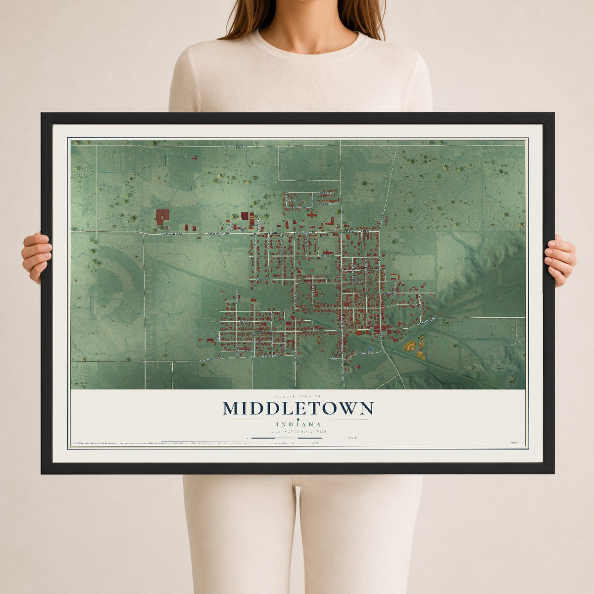 Map of Middletown, Indiana, 24 x 36 inch print in a black wood frame
