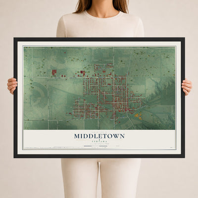 Map of Middletown, Indiana, 24 x 36 inch print in a black wood frame