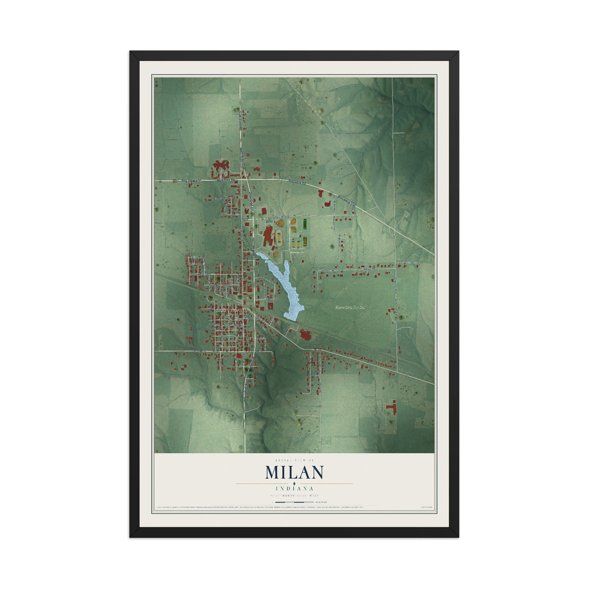 Map of Milan, Indiana, 12 x 18 inch print in a black wood frame