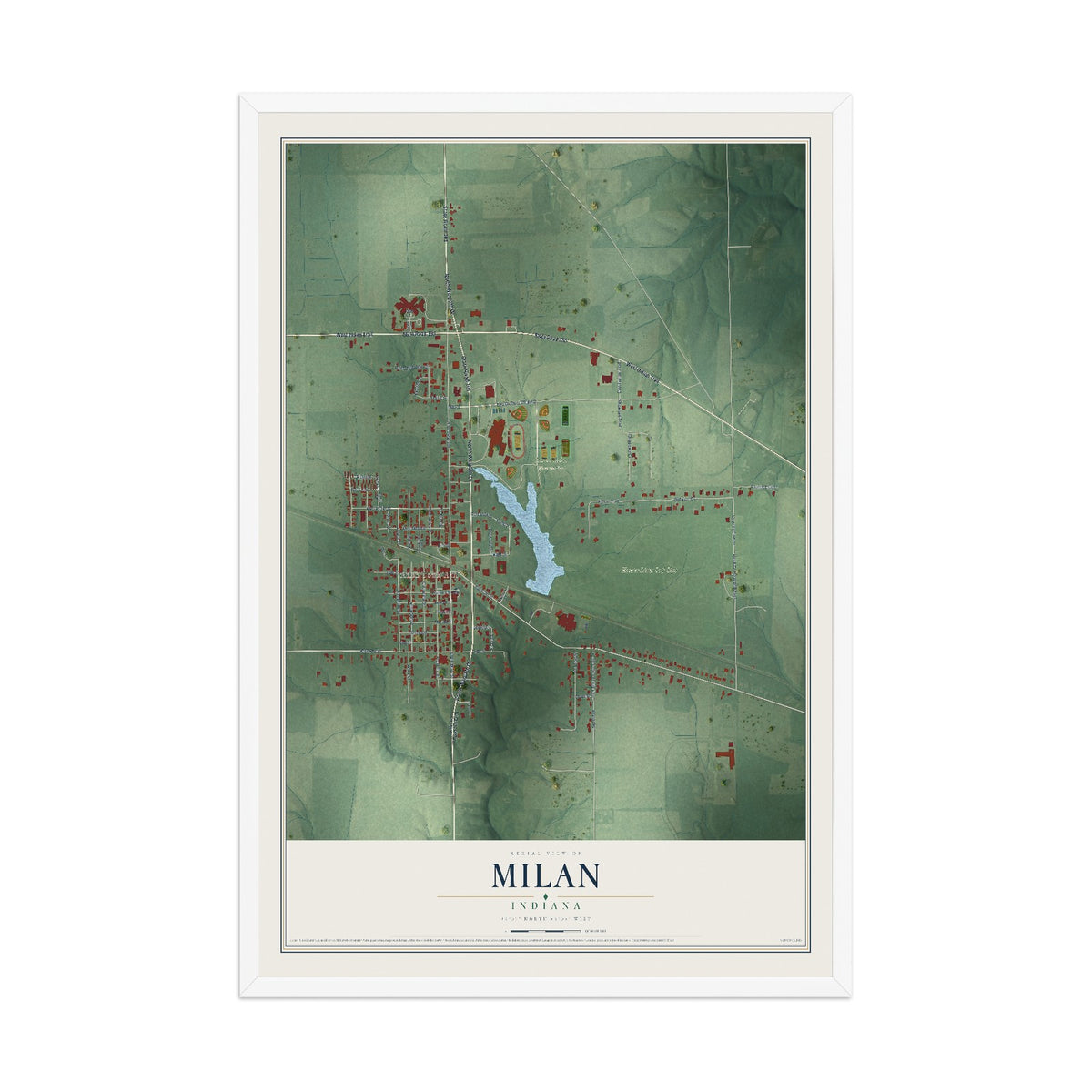 Map of Milan, Indiana, 12 x 18 inch print in a white wood frame