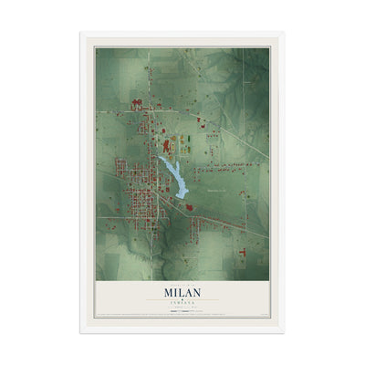 Map of Milan, Indiana, 12 x 18 inch print in a white wood frame