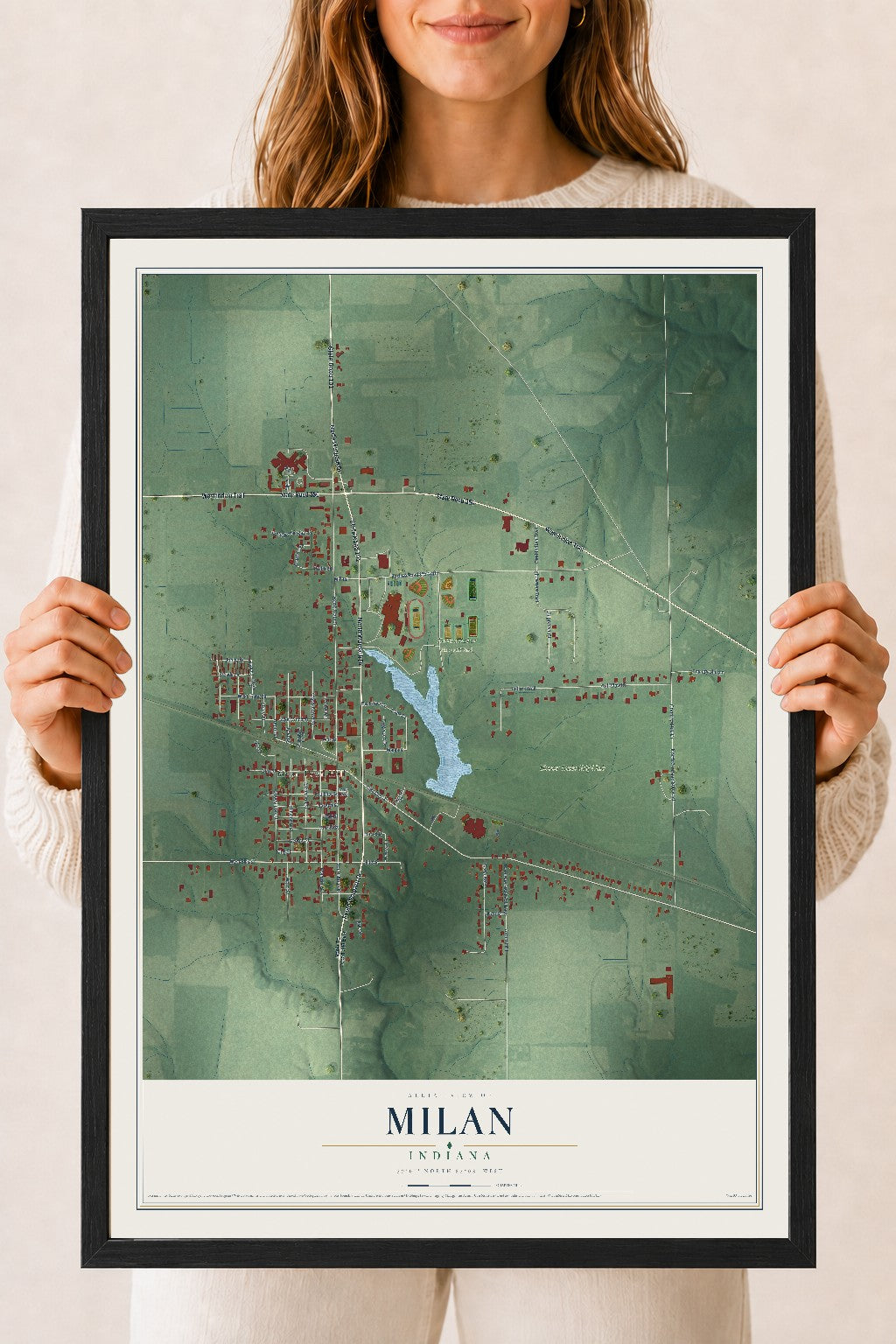 Map of Milan, Indiana, 18 x 24 inch print in a black wood frame
