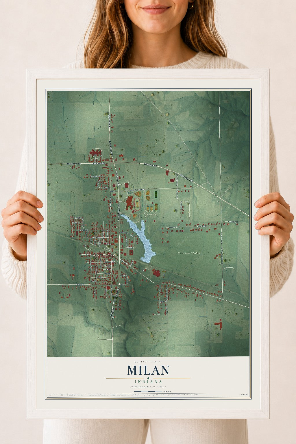 Map of Milan, Indiana, 18 x 24 inch print in a white wood frame
