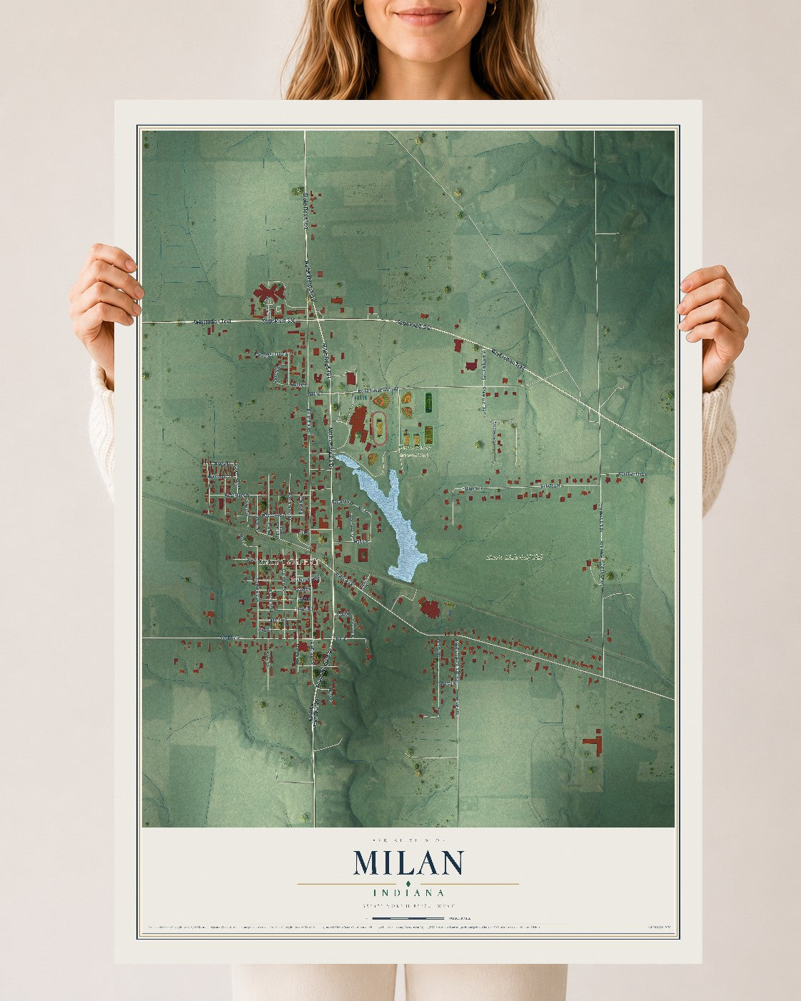 Map of Milan, Indiana, 24 x 36 inch unframed archival matte print