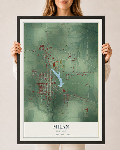 Map of Milan, Indiana, 24 x 36 inch print in a black wood frame