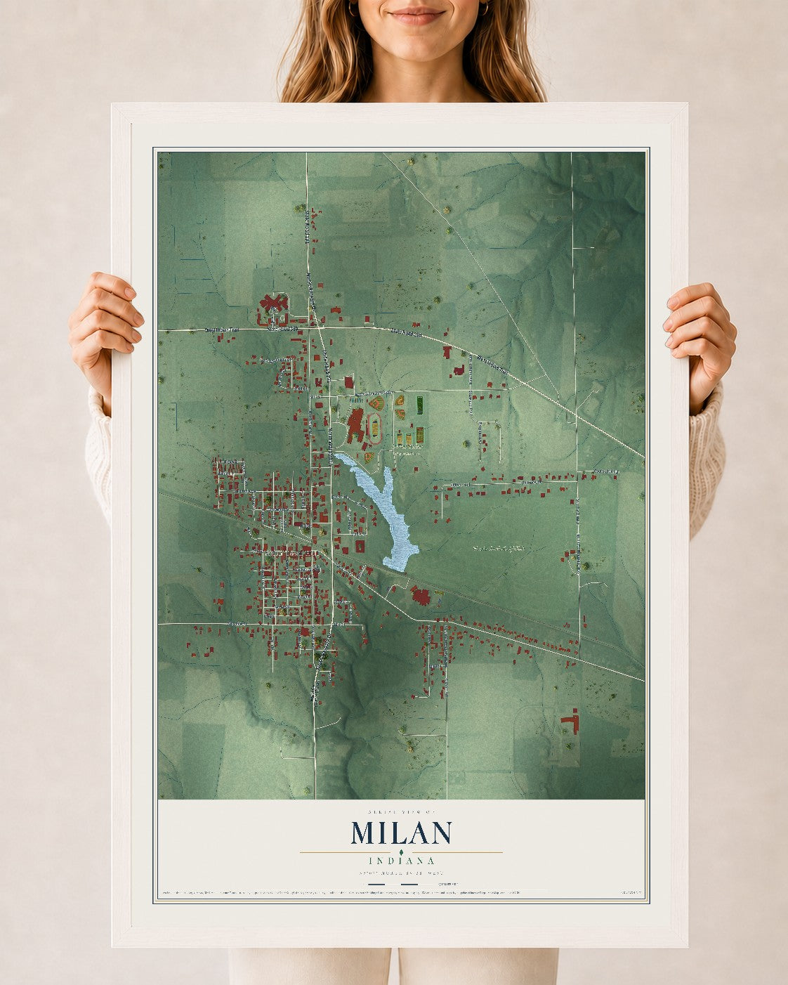 Map of Milan, Indiana, 24 x 36 inch print in a white wood frame