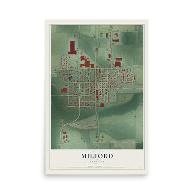 Map of Milford, Indiana, 12 x 18 inch unframed archival matte print