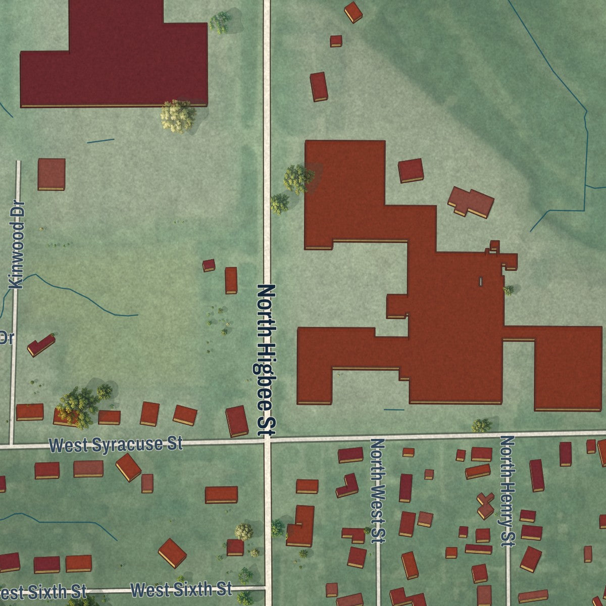 Second close-up of the map of Milford, Indiana print showing more streets and buildings