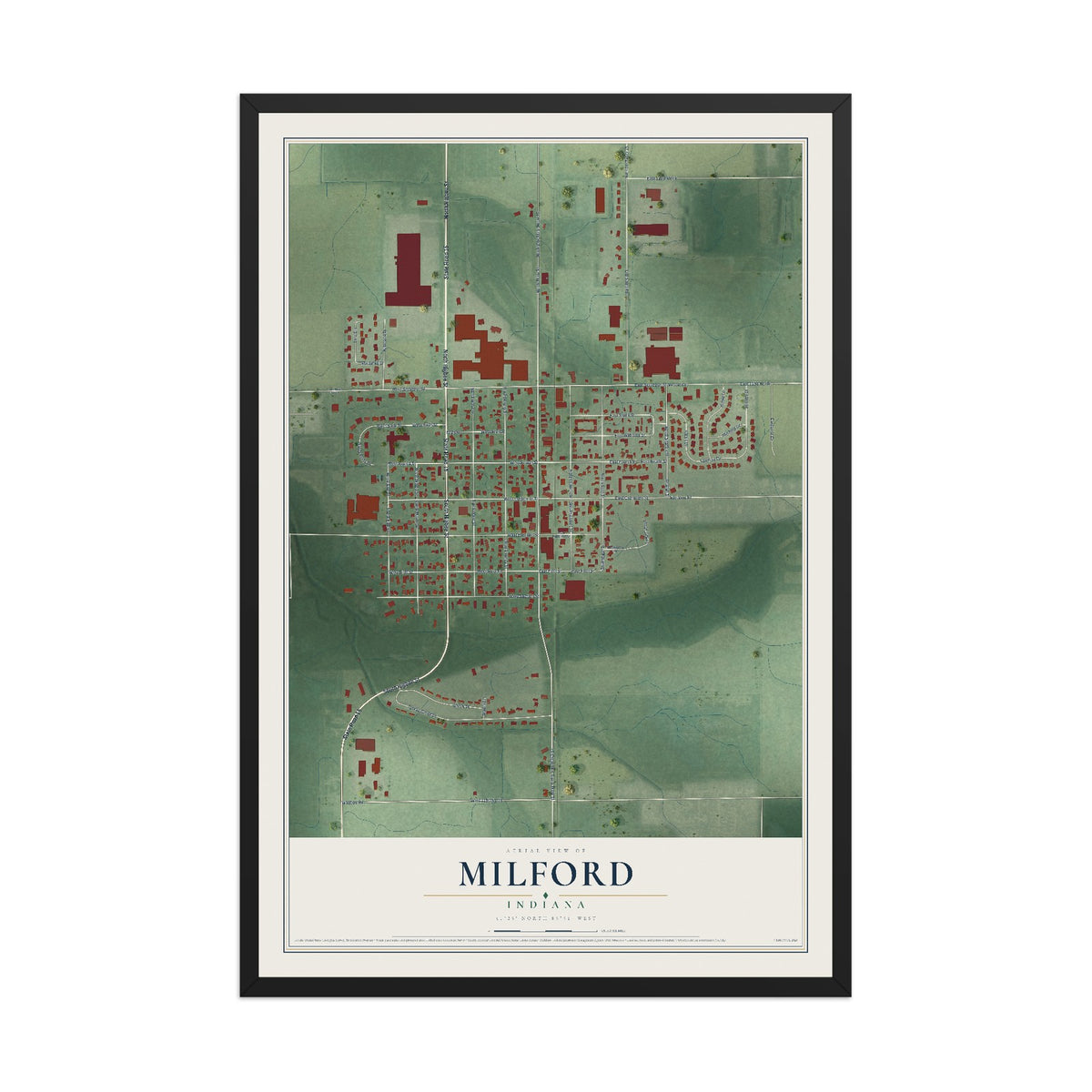 Map of Milford, Indiana, 12 x 18 inch print in a black wood frame