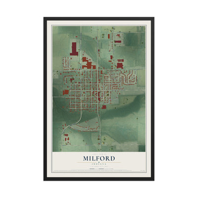 Map of Milford, Indiana, 12 x 18 inch print in a black wood frame