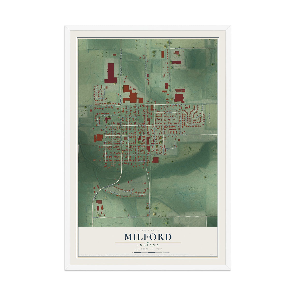 Map of Milford, Indiana, 12 x 18 inch print in a white wood frame