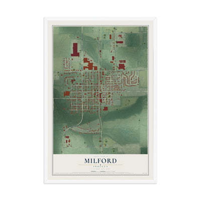 Map of Milford, Indiana, 12 x 18 inch print in a white wood frame