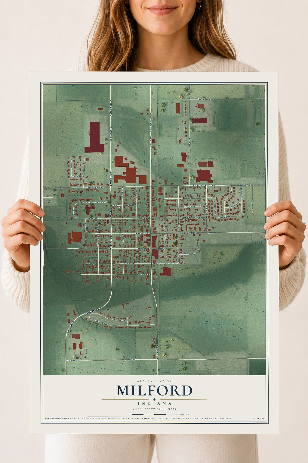 Map of Milford, Indiana, 18 x 24 inch unframed archival matte print