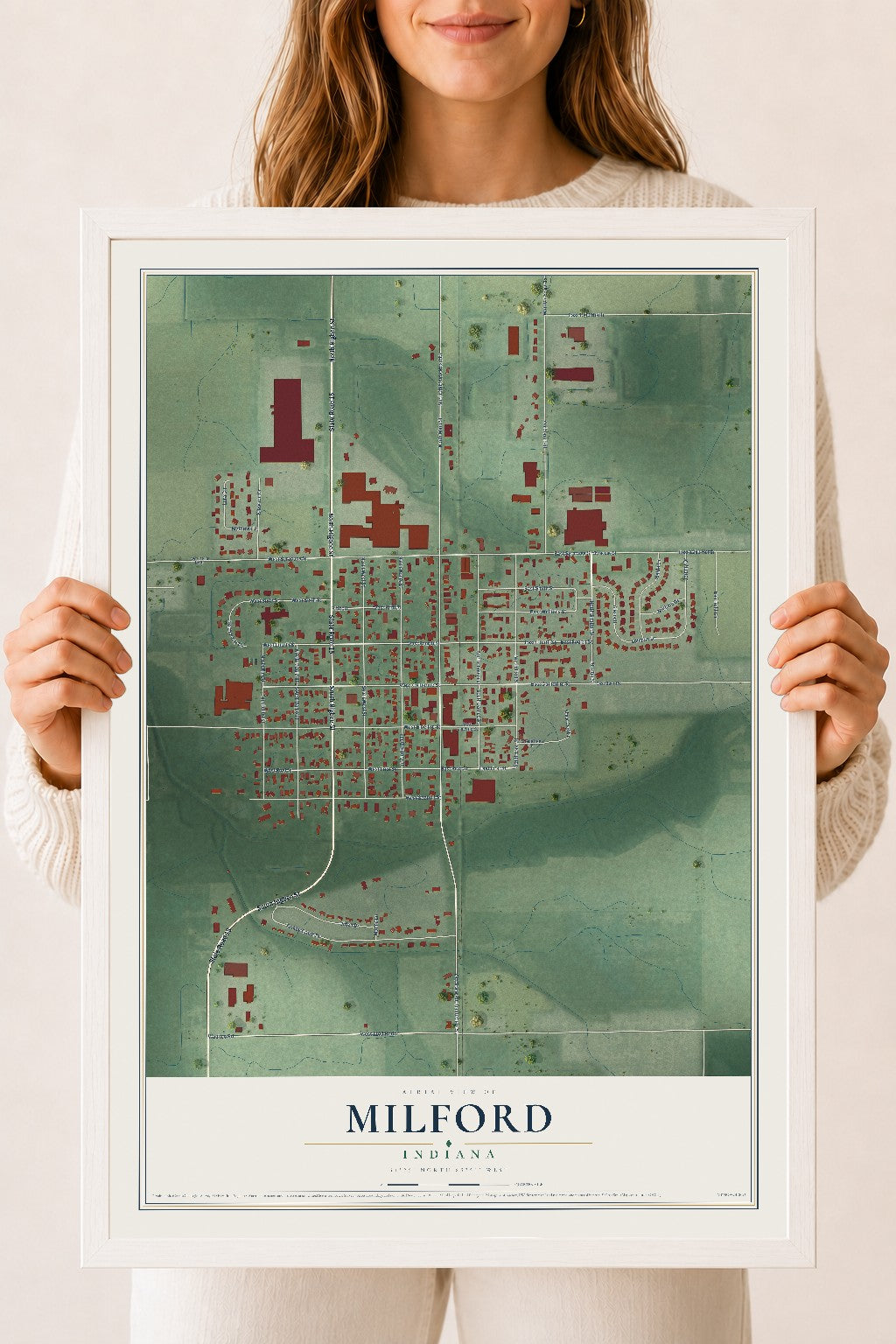 Map of Milford, Indiana, 18 x 24 inch print in a white wood frame