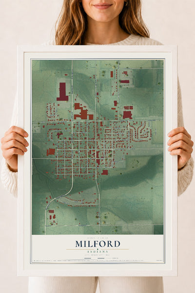 Map of Milford, Indiana, 18 x 24 inch print in a white wood frame