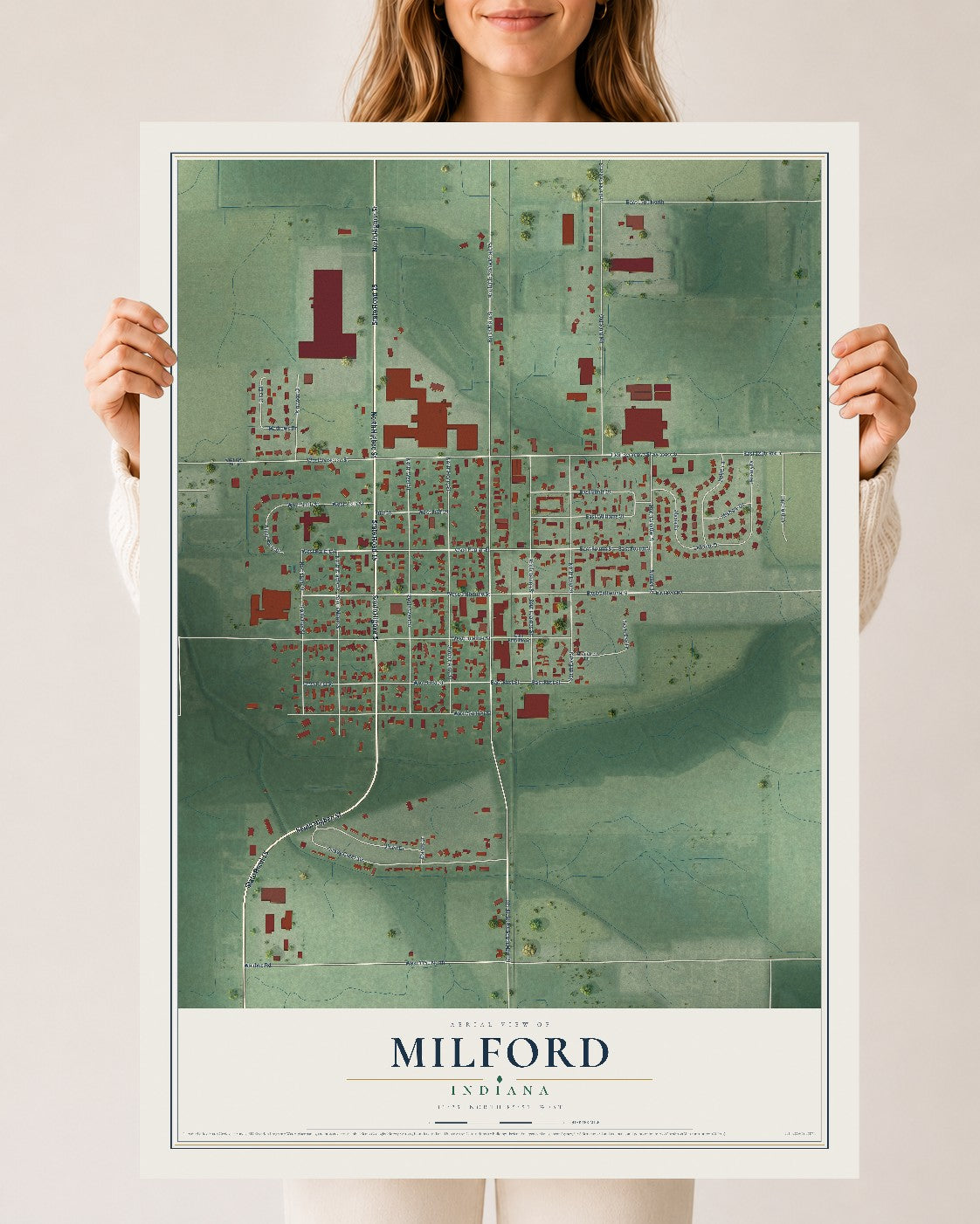 Map of Milford, Indiana, 24 x 36 inch unframed archival matte print
