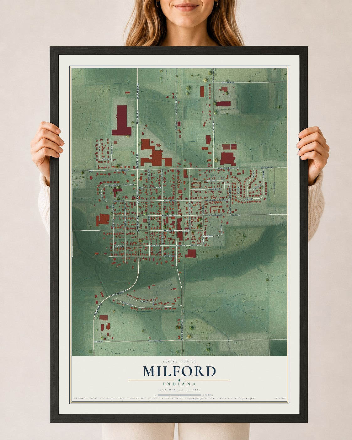 Map of Milford, Indiana, 24 x 36 inch print in a black wood frame