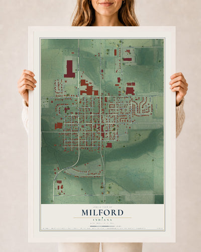 Map of Milford, Indiana, 24 x 36 inch print in a white wood frame