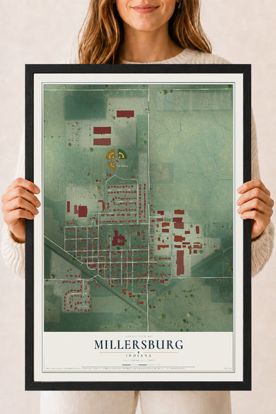 Map of Millersburg, Indiana, 18 x 24 inch print in a black wood frame