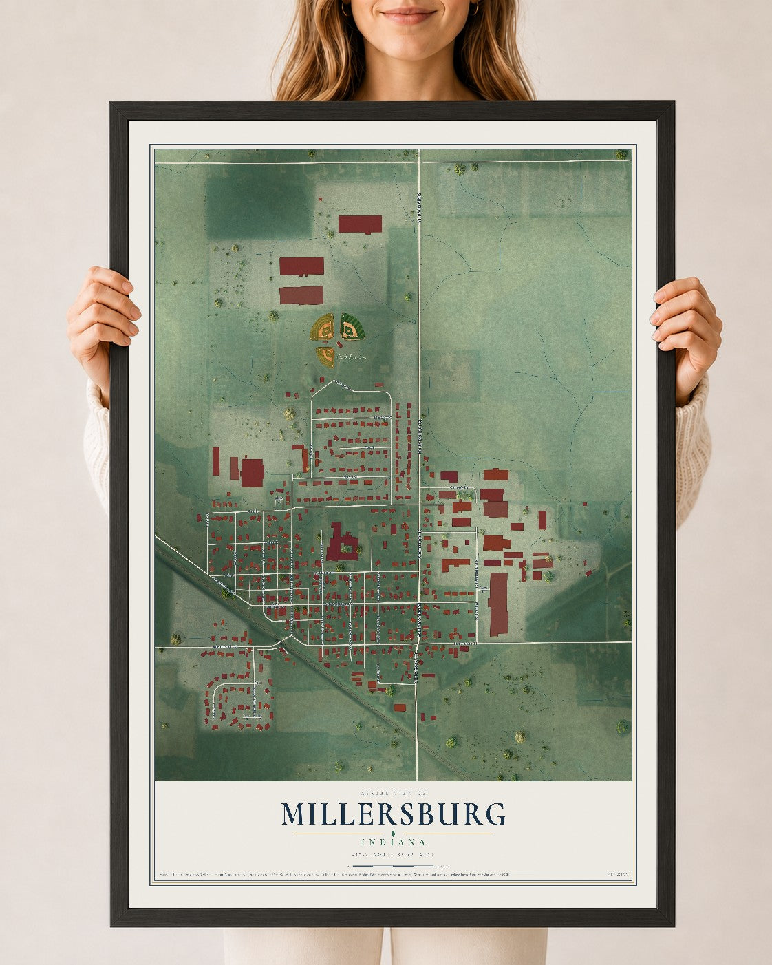 Map of Millersburg, Indiana, 24 x 36 inch print in a black wood frame