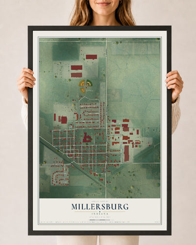 Map of Millersburg, Indiana, 24 x 36 inch print in a black wood frame
